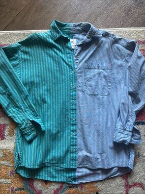 BDG Two-Tone Green and Blue Stripe Unisex Button-Up Shirt